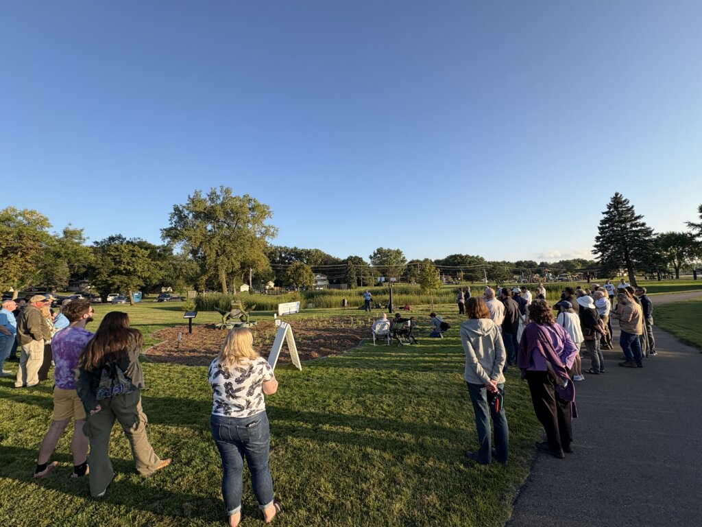 A group of people standing around a frog art sculpture in Moore Lake Park